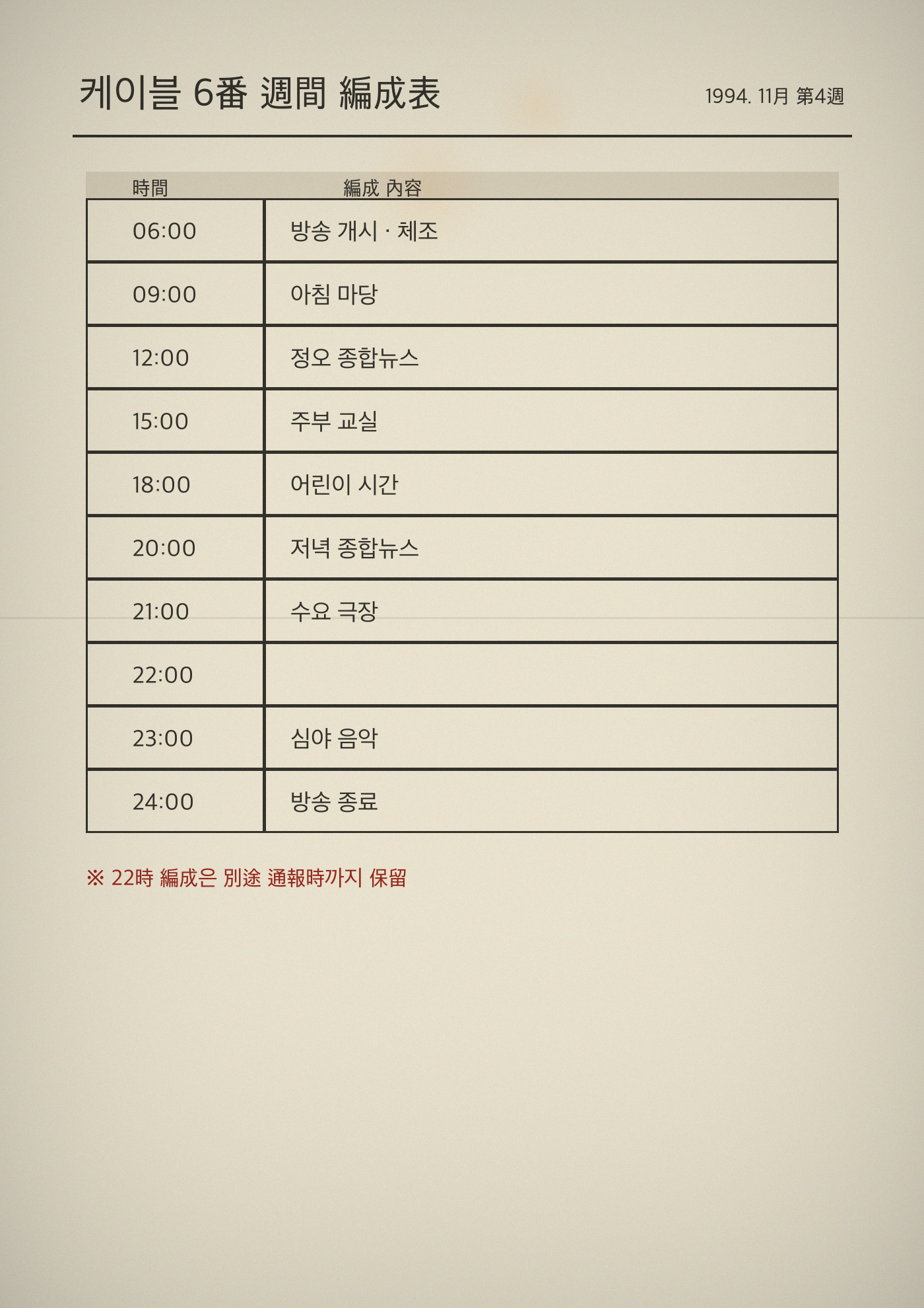 케이블 6번 채널 편성표 스캔본 — 22시 항목이 비어 있습니다.